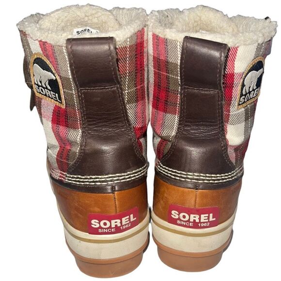 Sorel Tivoli Leather & Shearling Tan & Red Plaid Short Duck Boots - Size 6‎ - Picture 5 of 8